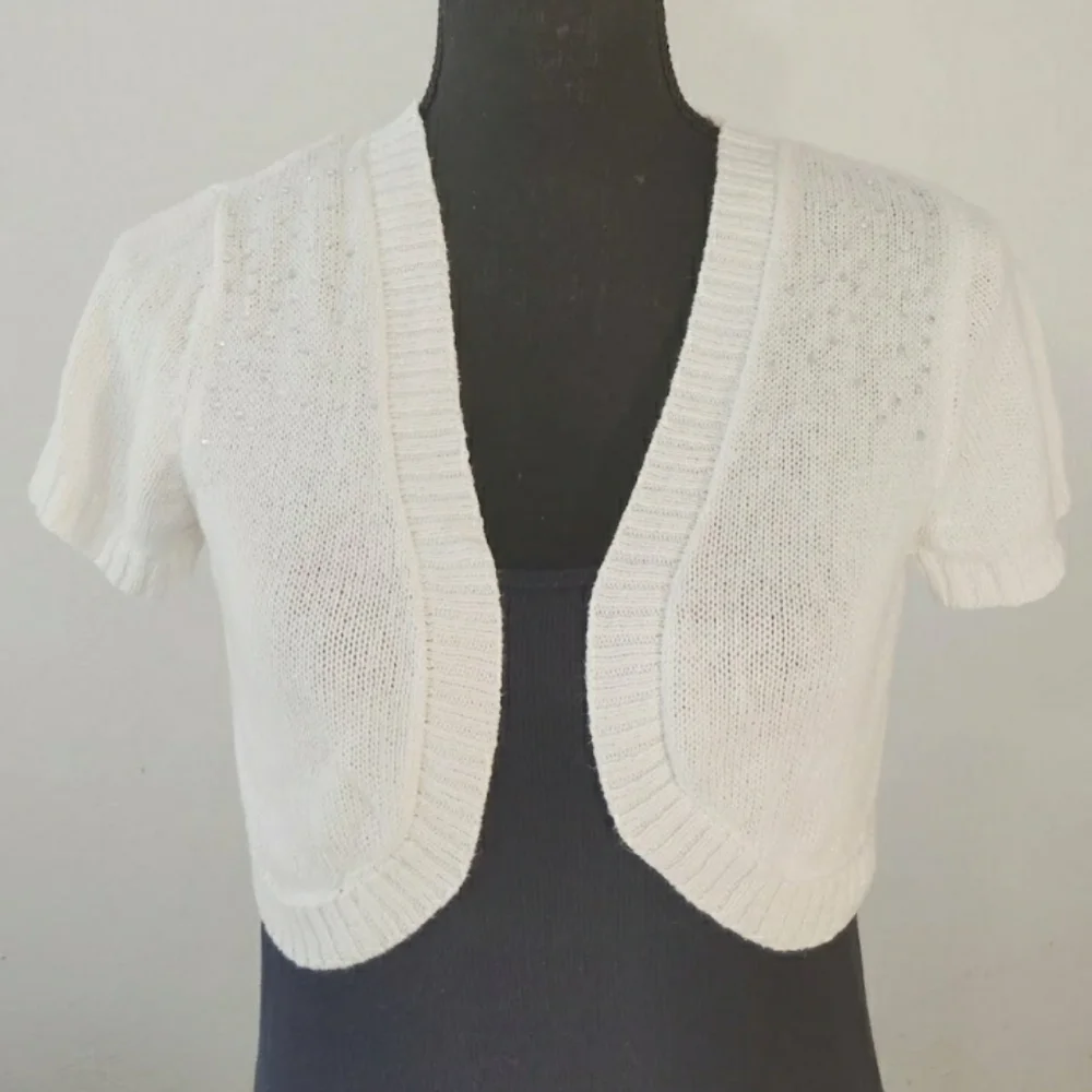 Justice White Rhinestone Shrug - Girl's 16/18 Women XS/Small Cropped Cardigan